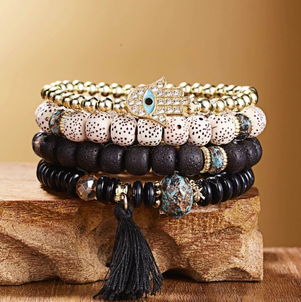 Beaded Evil Eye Hamsa Hand Charm Bracelet - Picture 1 of 2